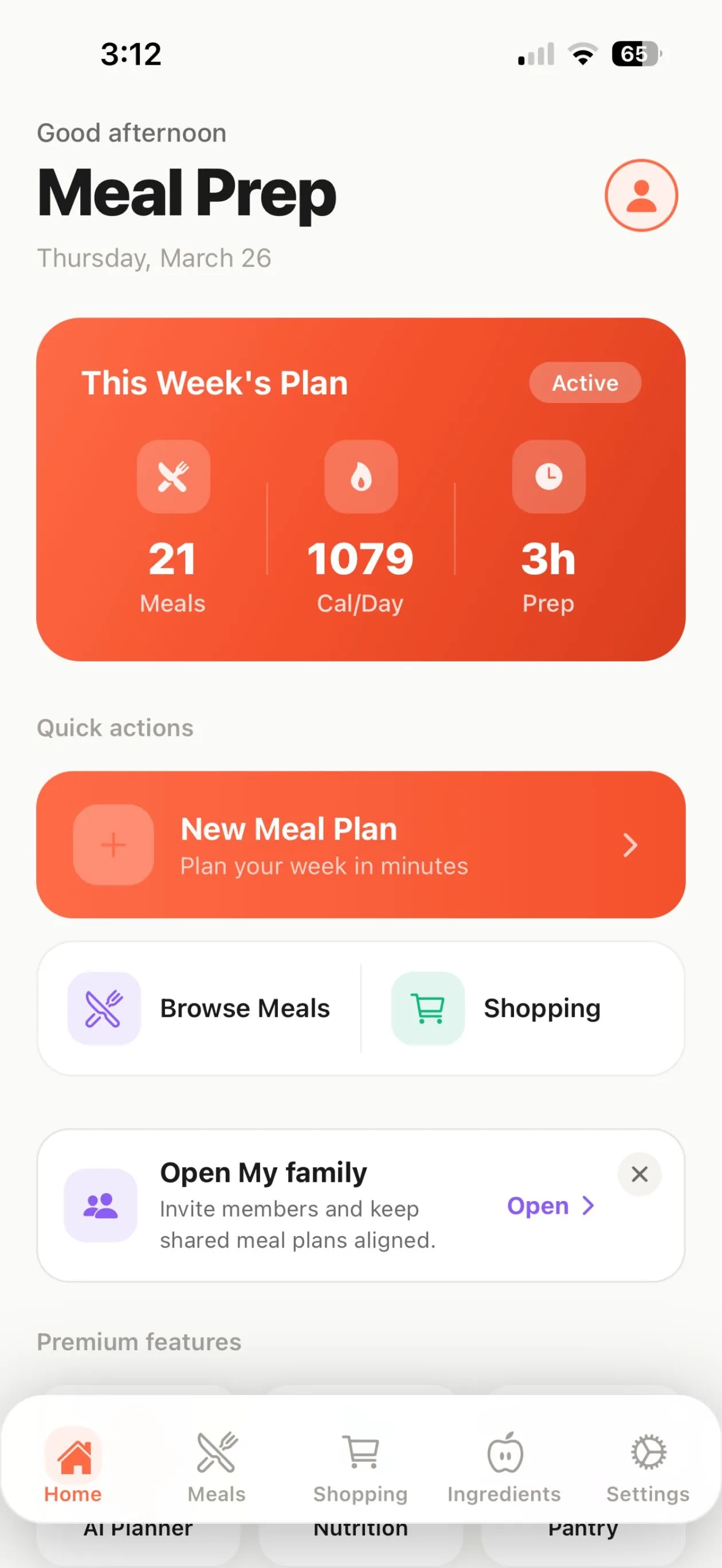 MealPrepPro home screen showing this week’s plan with 21 meals, 1,079 calories per day and 3 hours of prep, plus a New Meal Plan button