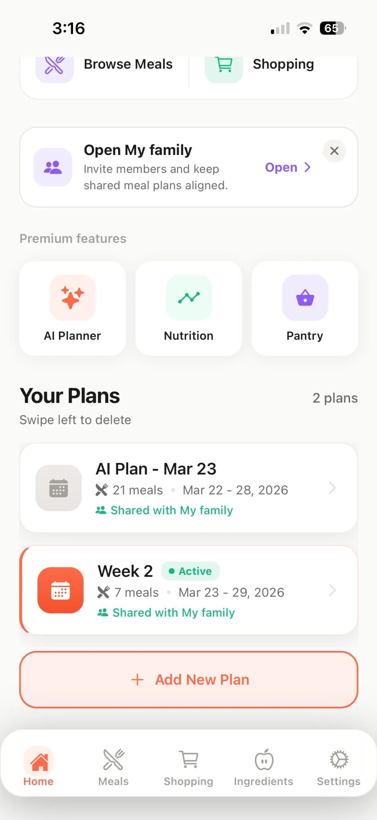 Your Plans list with a generated plan and a weekly plan shared with family, plus Premium shortcuts for planner, nutrition and pantry