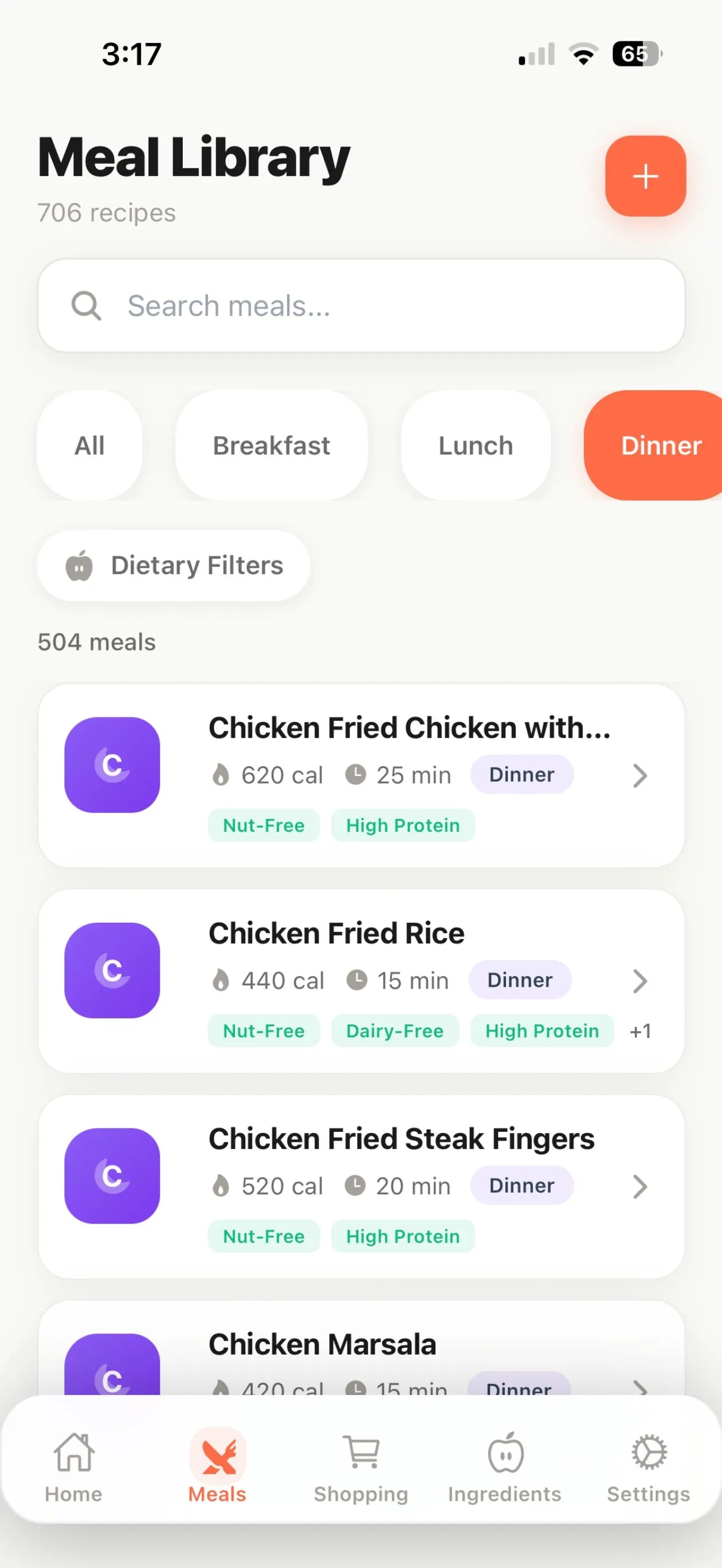 Meal Library with search, breakfast, lunch and dinner tabs, and dietary tags on each recipe