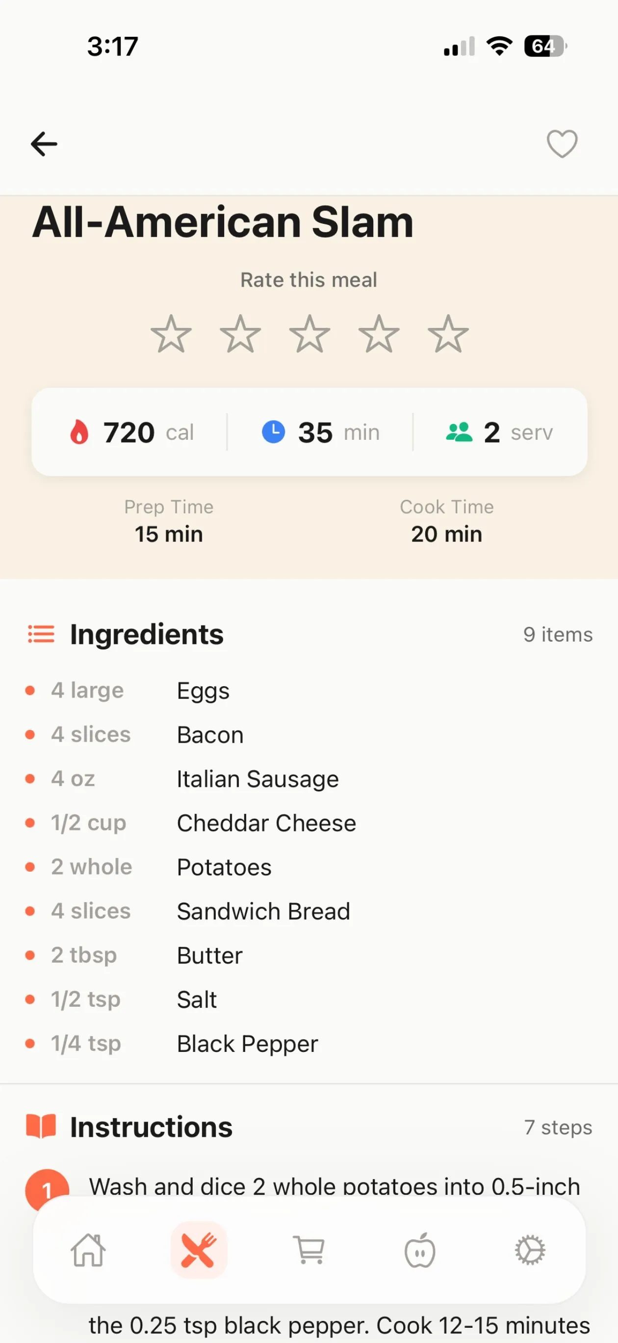 Recipe detail for All-American Slam showing 720 calories, 35 minutes, 2 servings, ingredient quantities and numbered instructions