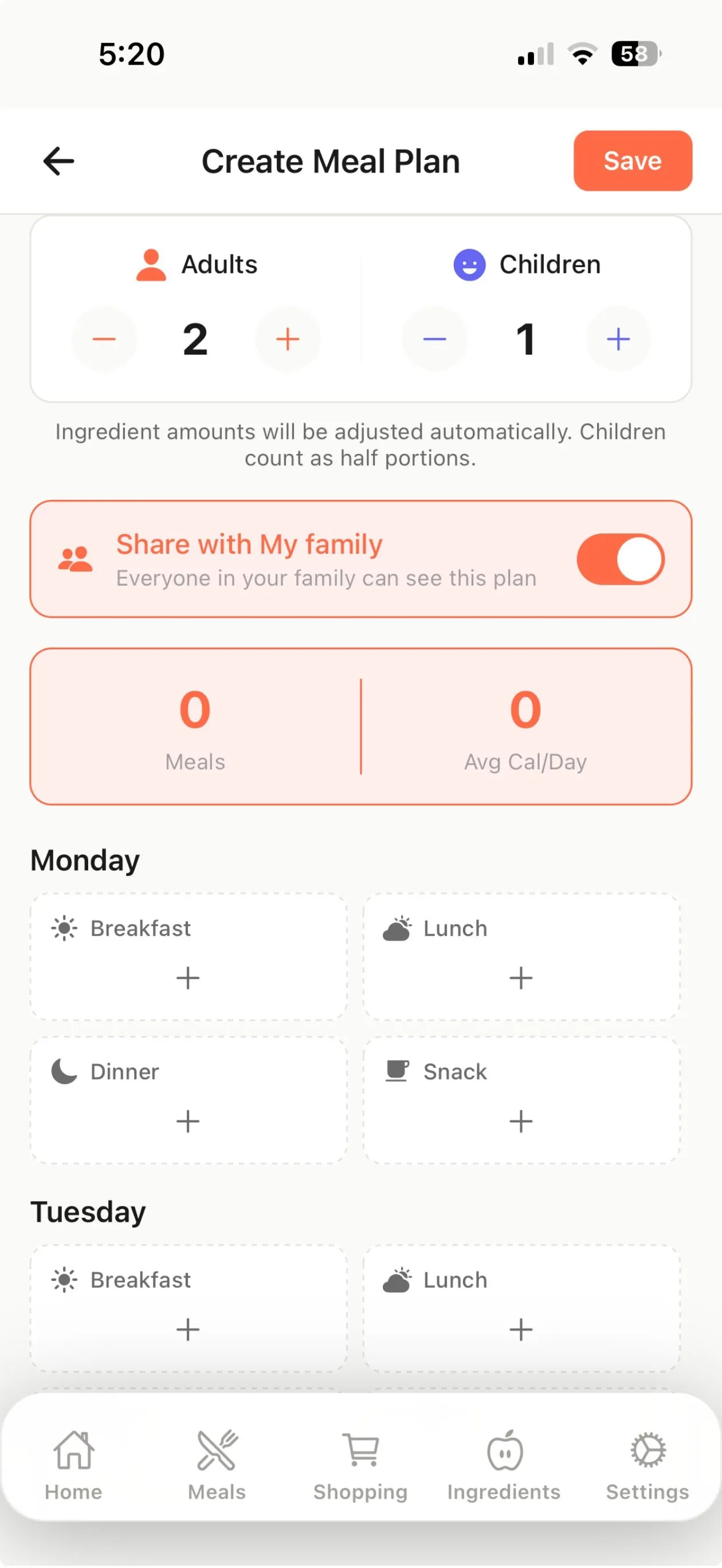 Create Meal Plan screen with adults and children counters, a share-with-family toggle and breakfast, lunch, dinner and snack slots for each day