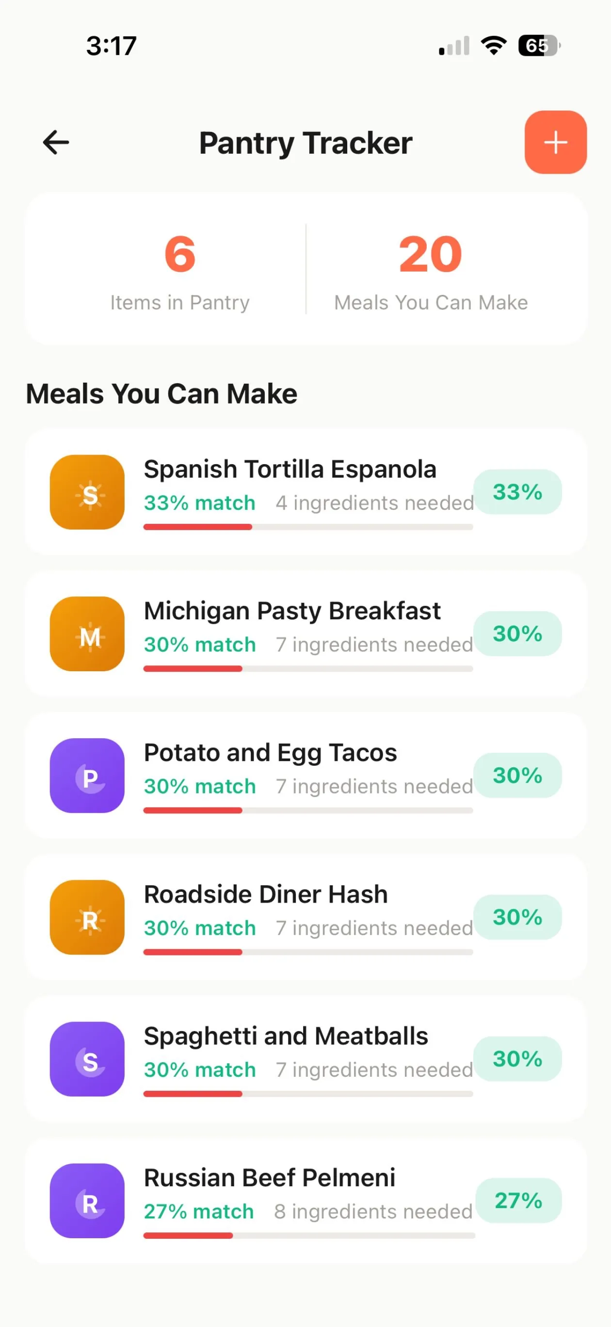 Pantry Tracker showing items in the pantry and meals you can make, each with a percentage ingredient match