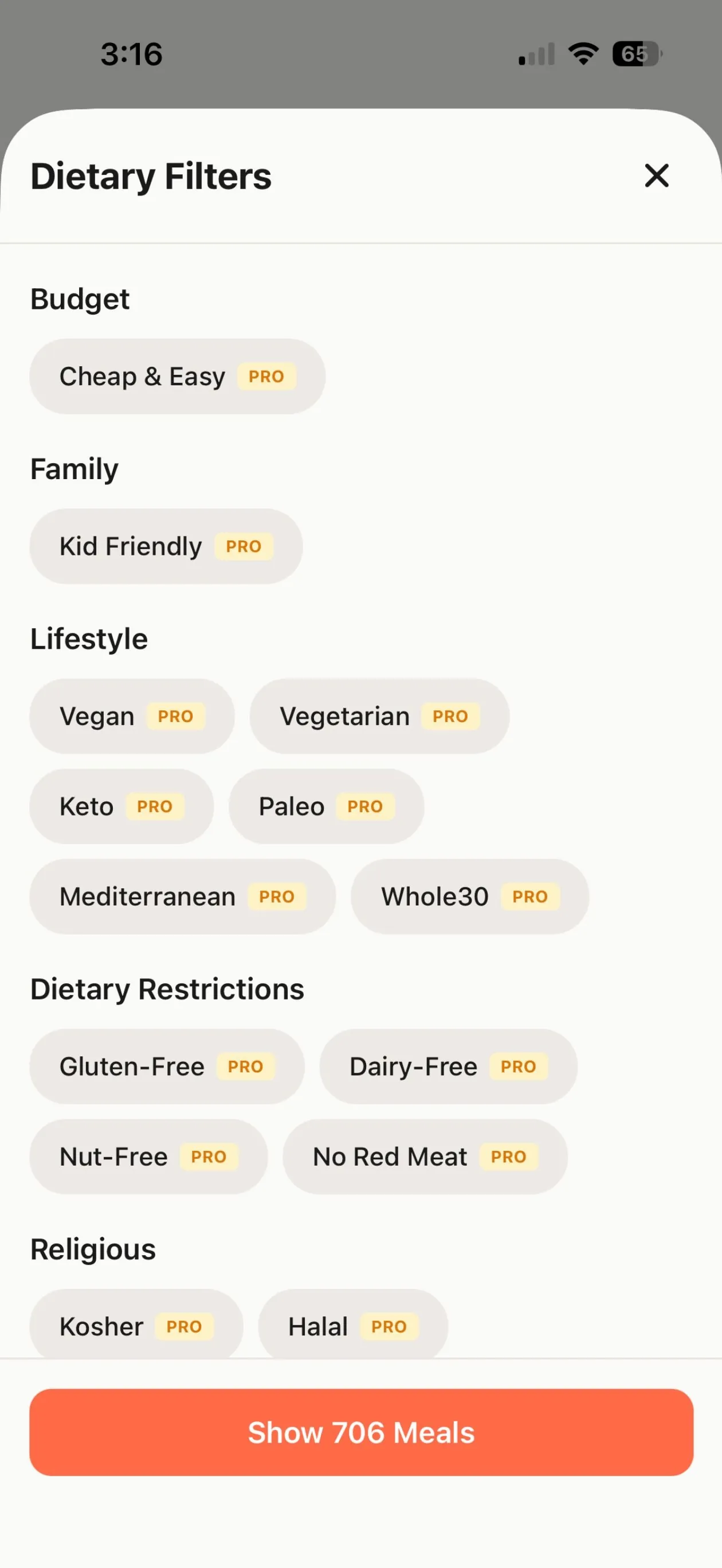 Dietary Filters sheet grouped into budget, family, lifestyle, dietary restrictions and religious filters such as kosher and halal