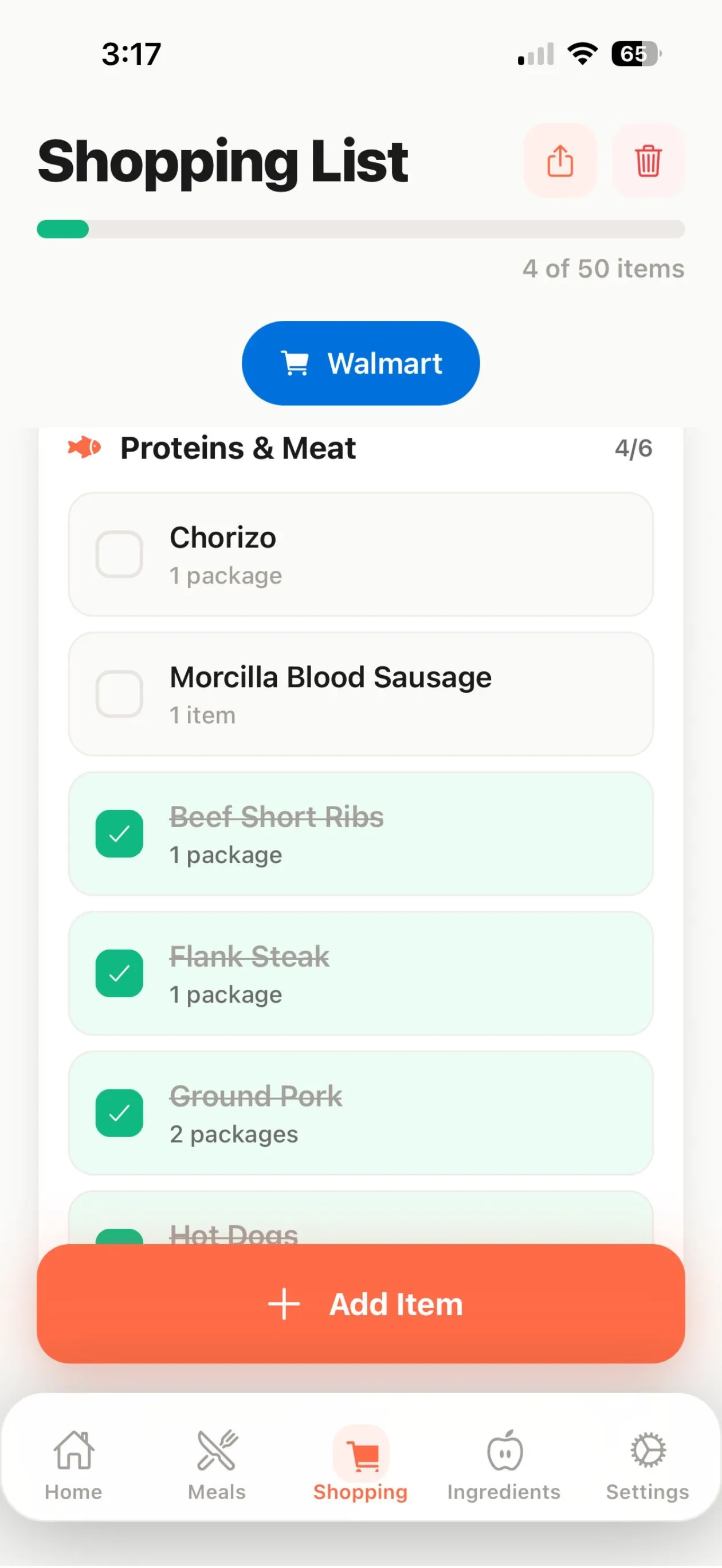 Shopping List grouped by category with checked-off items, a progress bar and a Walmart button